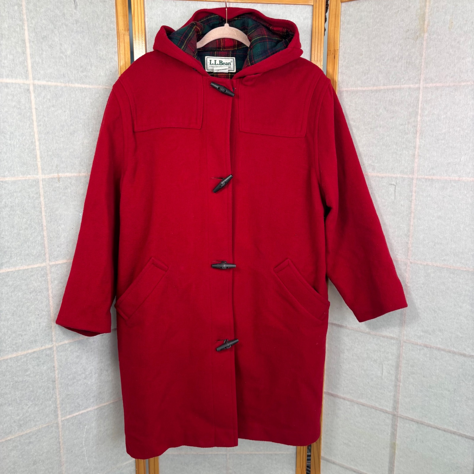 Ll Bean Vintage Red Wool Duffle Pea Coat Plaid Flannel Lined Hooded Usa Womens L